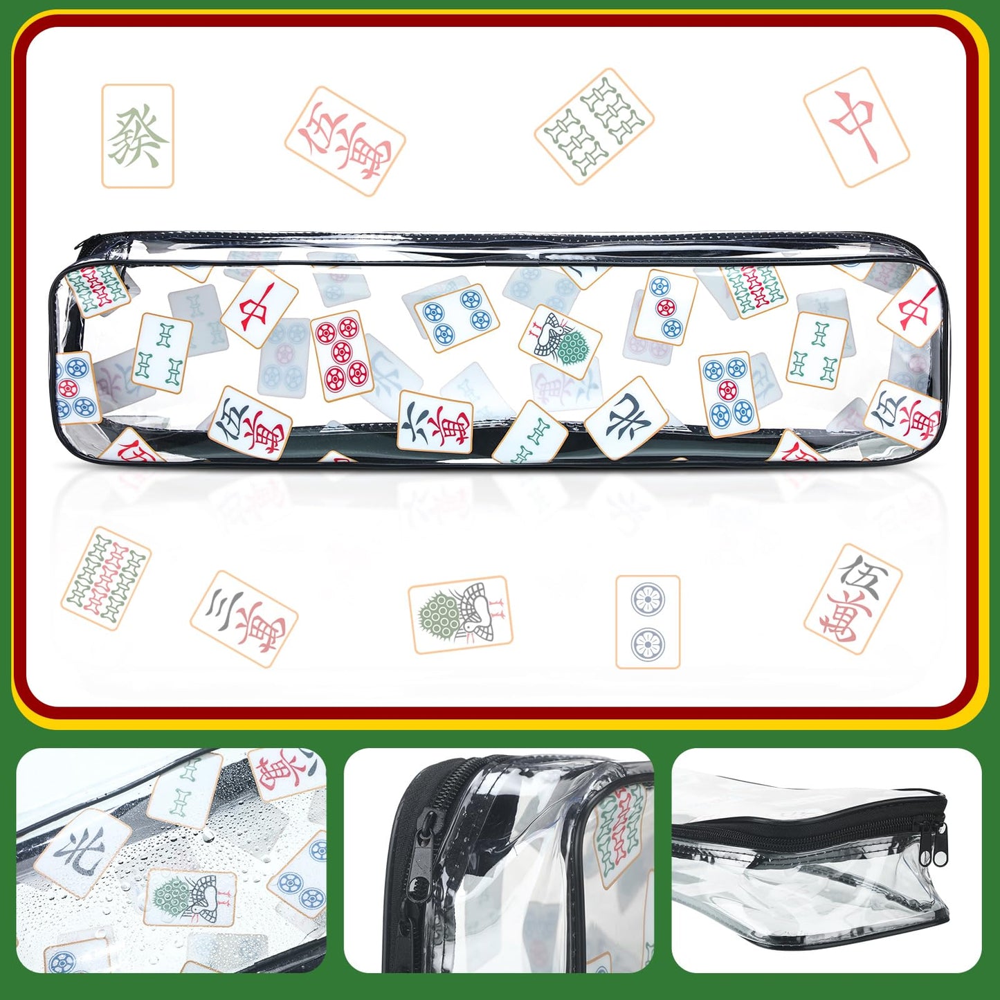 Clysee 2 Pcs Mahjong Tile Bag Mahjong Racks for Tiles and Pushers Waterproof Tile Zippered Case PVC Clear Mah Jong Gifts, Empty Bag Only, 20 x 4.5 x 2.5(Classic Style)