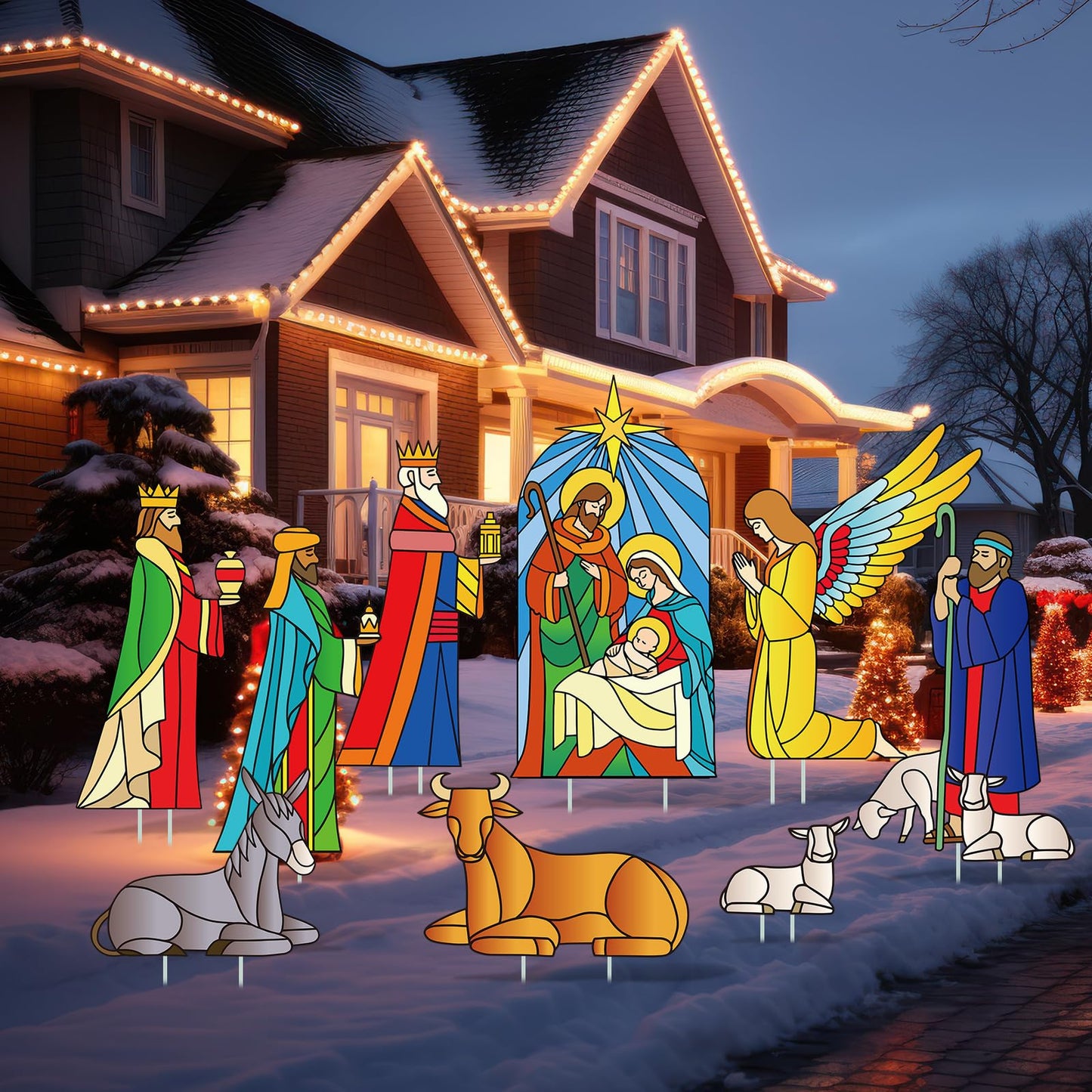Kathfly 9 Pcs Outdoor Nativity Scene Yard Sign with Stakes Holy Christmas Nativity Yard Stakes Lawn Sign Religious Three Kings Gifts Christmas Decorations for Xmas Party Outdoor Garden Lawn Decoration