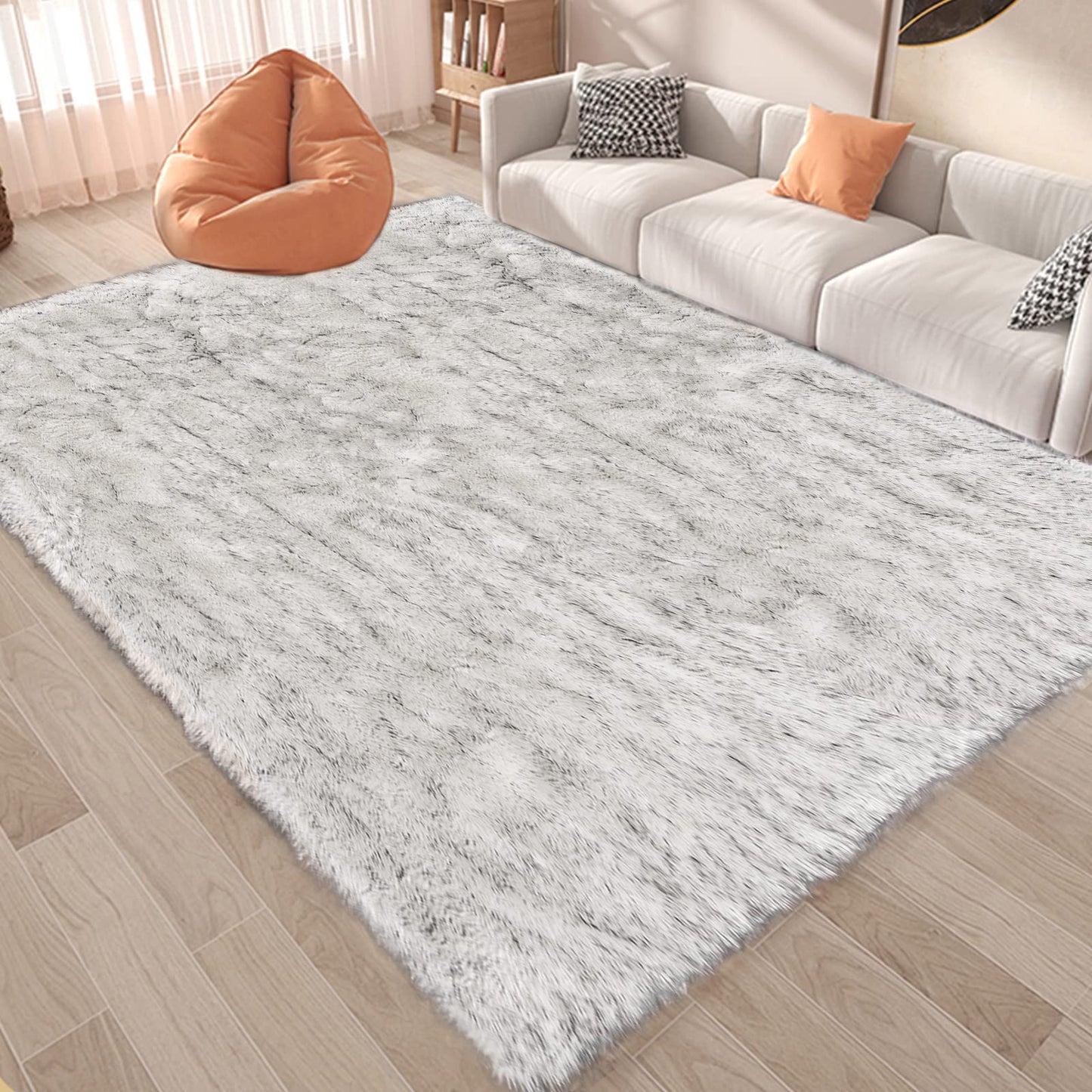 Latepis Large Rug for Living Room Rugs 6.7x10 White with Grey Tips Faux Sheep Skin Fur Rug for Bedroom Fluffy Furry Rugs Home Décor, Rectangle