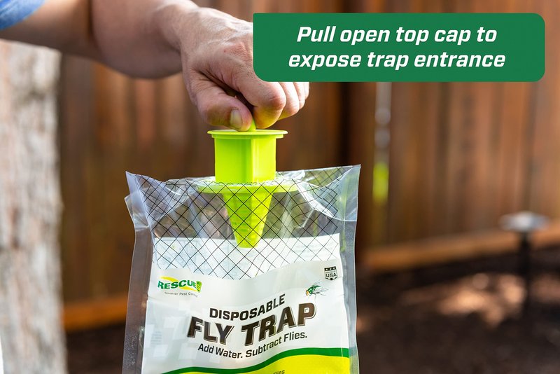 Rescue! Outdoor Disposable Fly Trap – Hanging Fly Catcher with Attractant Bait, Fly Bag for Patio, Yard, Trash & Farm Areas – Easy-to-Use Outdoor Fly Control - 6 Traps