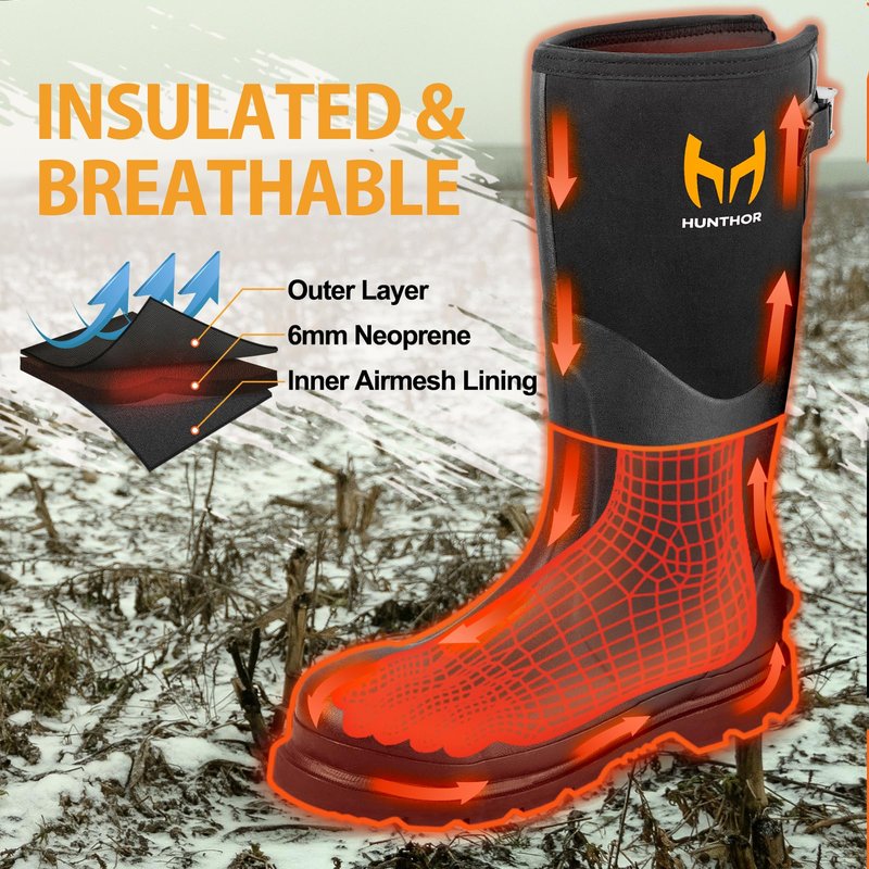 Hunthor Rubber Work Boots, Puncture-Proof with Steel Toe & Shank, Waterproof Insulated 6mm Neoprene Hunting Boots for Farming, Construction, Gardening, Fishing, Outdoor Work