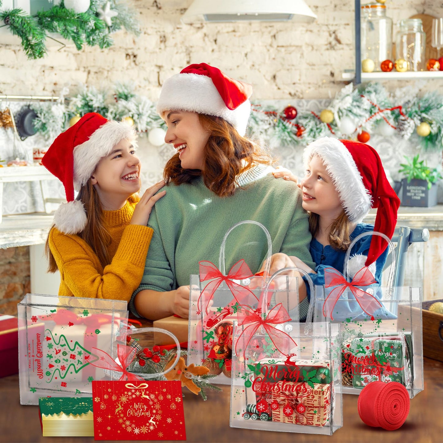 24pcs Christmas Clear Gift Bags with Handles And Ribbon Merry Christmas Greeting Card Set Xmas Transparent Reusable Gift Wrap Bags PVC Candy Goodie Treat Totes for Xmas Winter Holiday Party Favors
