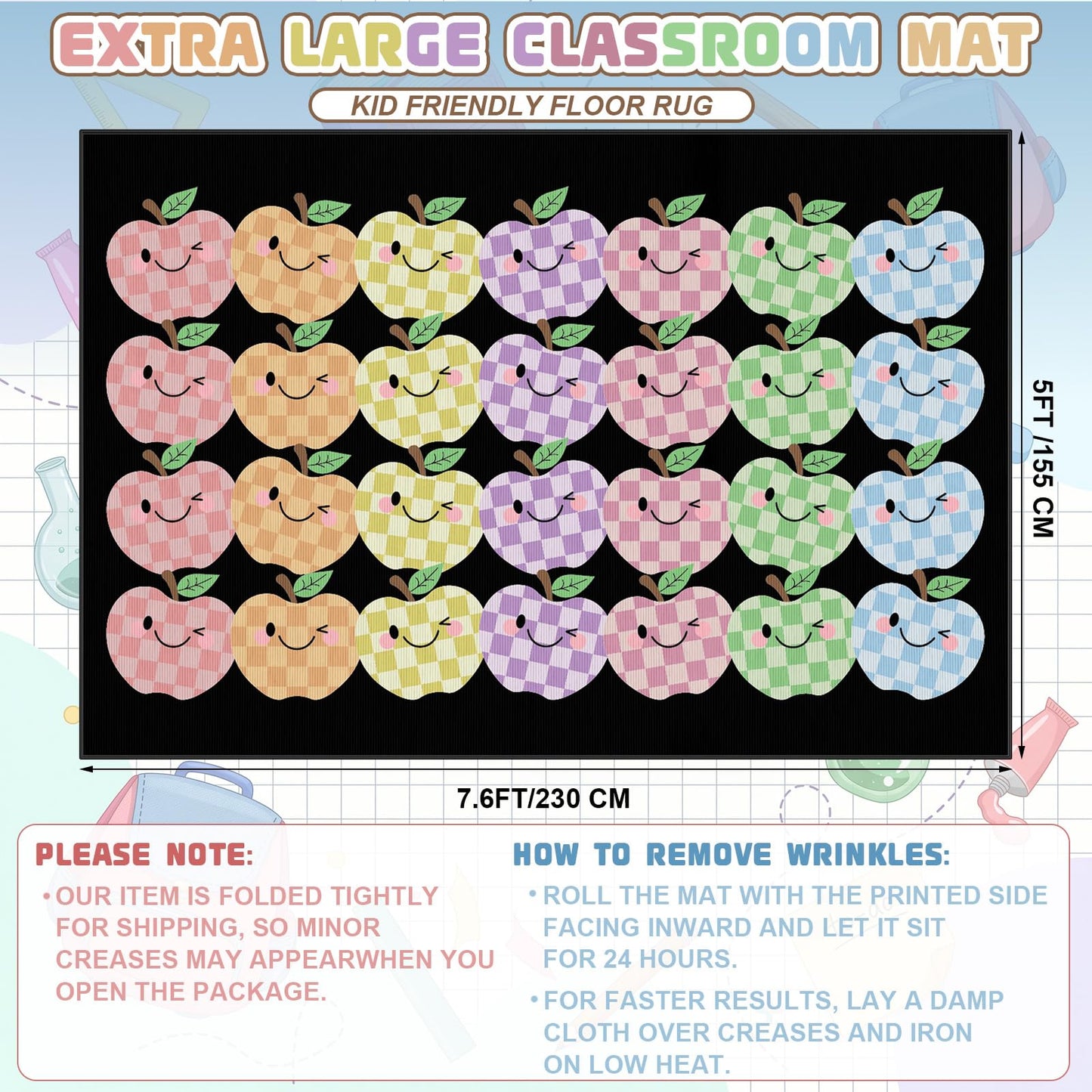 BreezeHug 5 x 7.55ft Smile Apple Classroom Rug Pastel Checkered Apple Area Rug Non Slip Kids Floor Carpet Large Play Mat for Elementary Kindergarten Preschool Daycare Nursery Reading Corner
