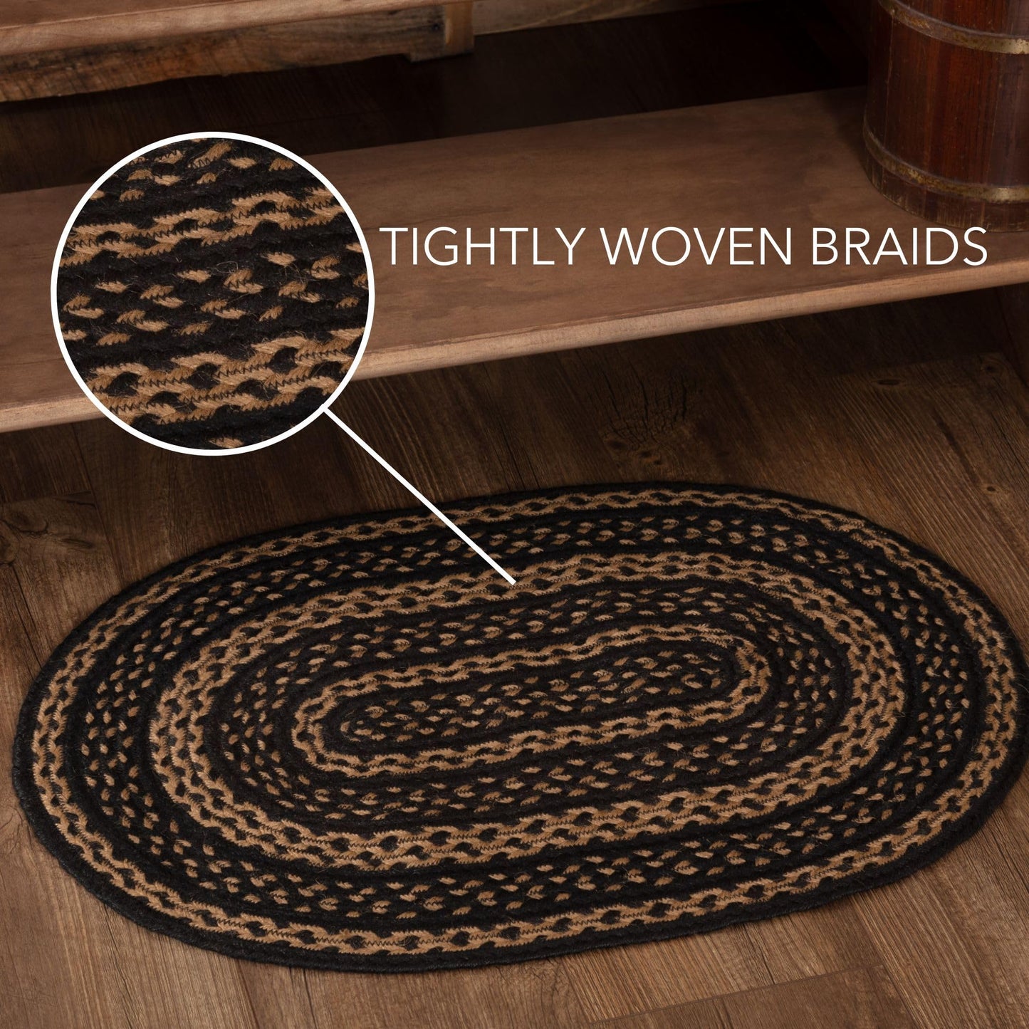 VHC Brands Farmhouse Primitive Jute Black Striped Accent Rug Oval w/Floor Pad 24"x36"