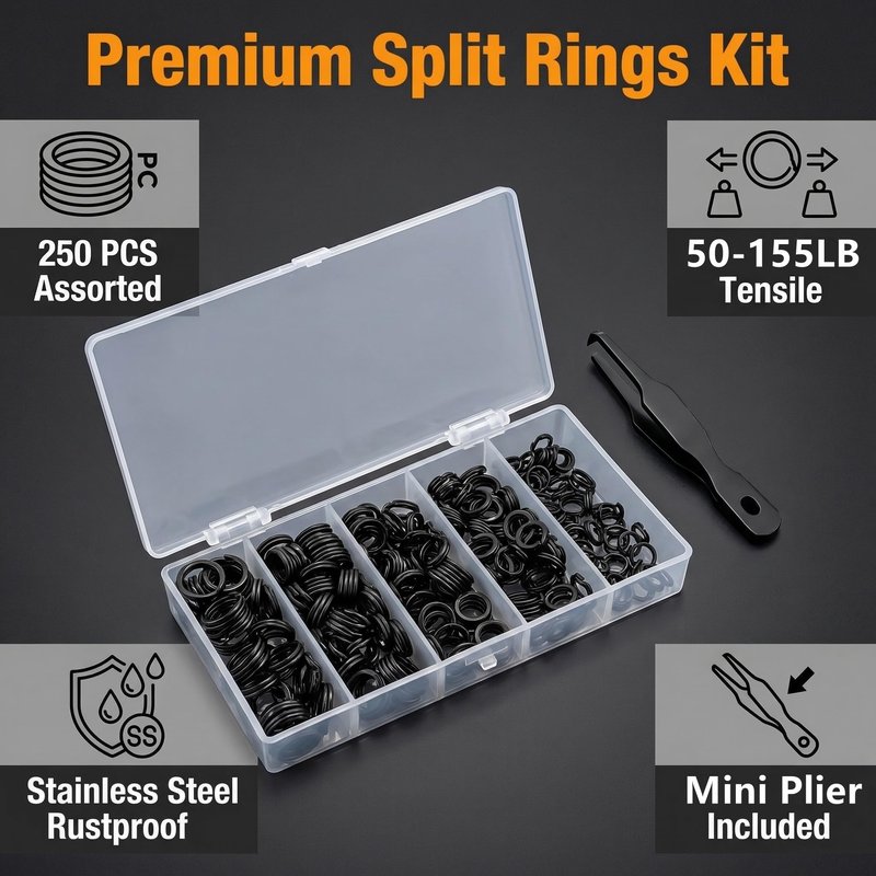 Milepetus Fishing Split Rings Kit: 250pcs Heavy Duty Steel Fishing Lure Making Ring Fishing Hook Connector Tackle(Black Split Mini Plier Set)