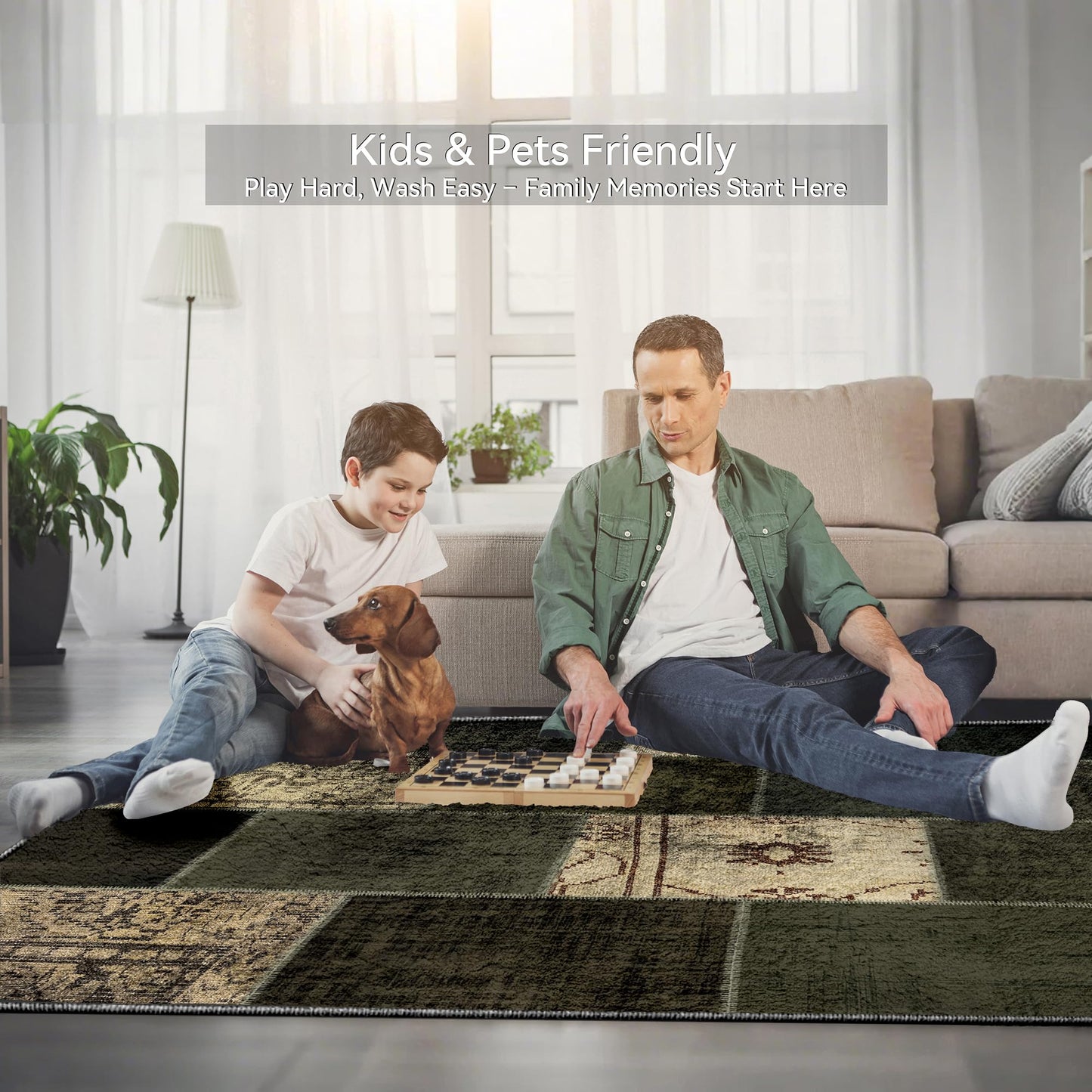 Nayoroom Modern Abstract Sega Green Distressed 8x10 Area Rug, Soft Faux Wool Washable Non-Slip Stain Resistant Rug, Geometric Patchwork Modern Design Rug for Living Room Bedroom.