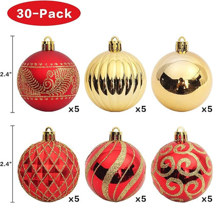 30 pcs Christmas Tree Balls, 2.36" Christmas Ornament Decorations Shatterproof Ornaments Gold and Red Color Painted Christmas Baubles Decorations for Party Wedding Christmas Decor