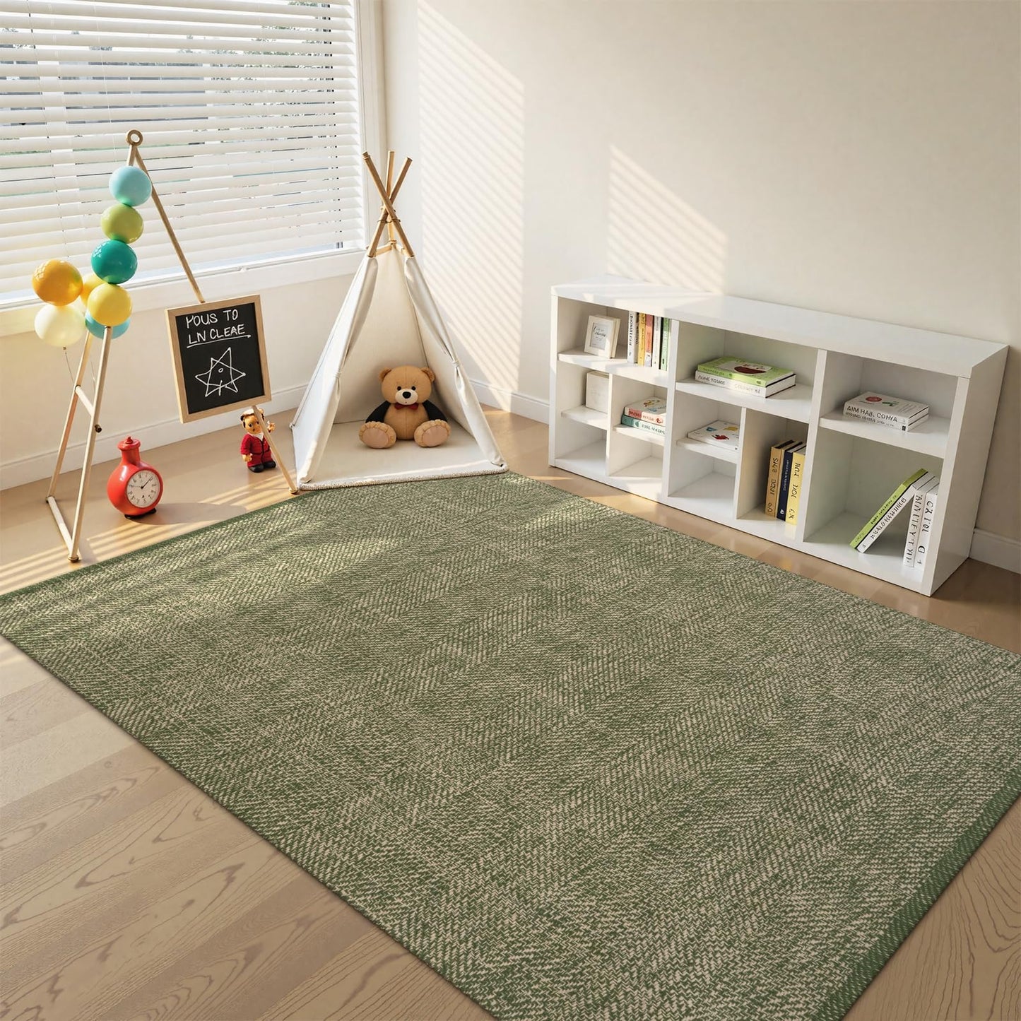 LEEVAN Washable Area Rug 4x6, Hand-Woven Cotton Living Room Rug, Green/Natural Braided Bedroom Rug, Farmhouse Indoor/Outdoor Floor Carpet for Patio, Nursery, Office, Playroom, Dining Room