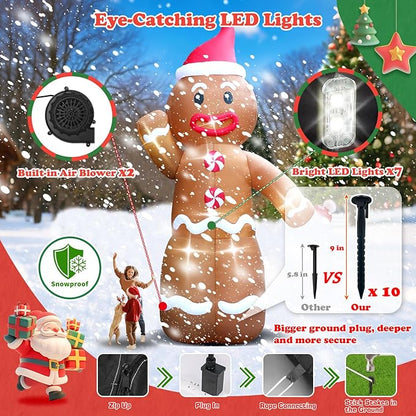 20FT Christmas Giant Inflatable Outdoor Decorations, Blow Up Gingerbread Man Yard Decoration, Xmas Decor Build-in LED Lights for Garden Lawn Yard Porch Holiday Party