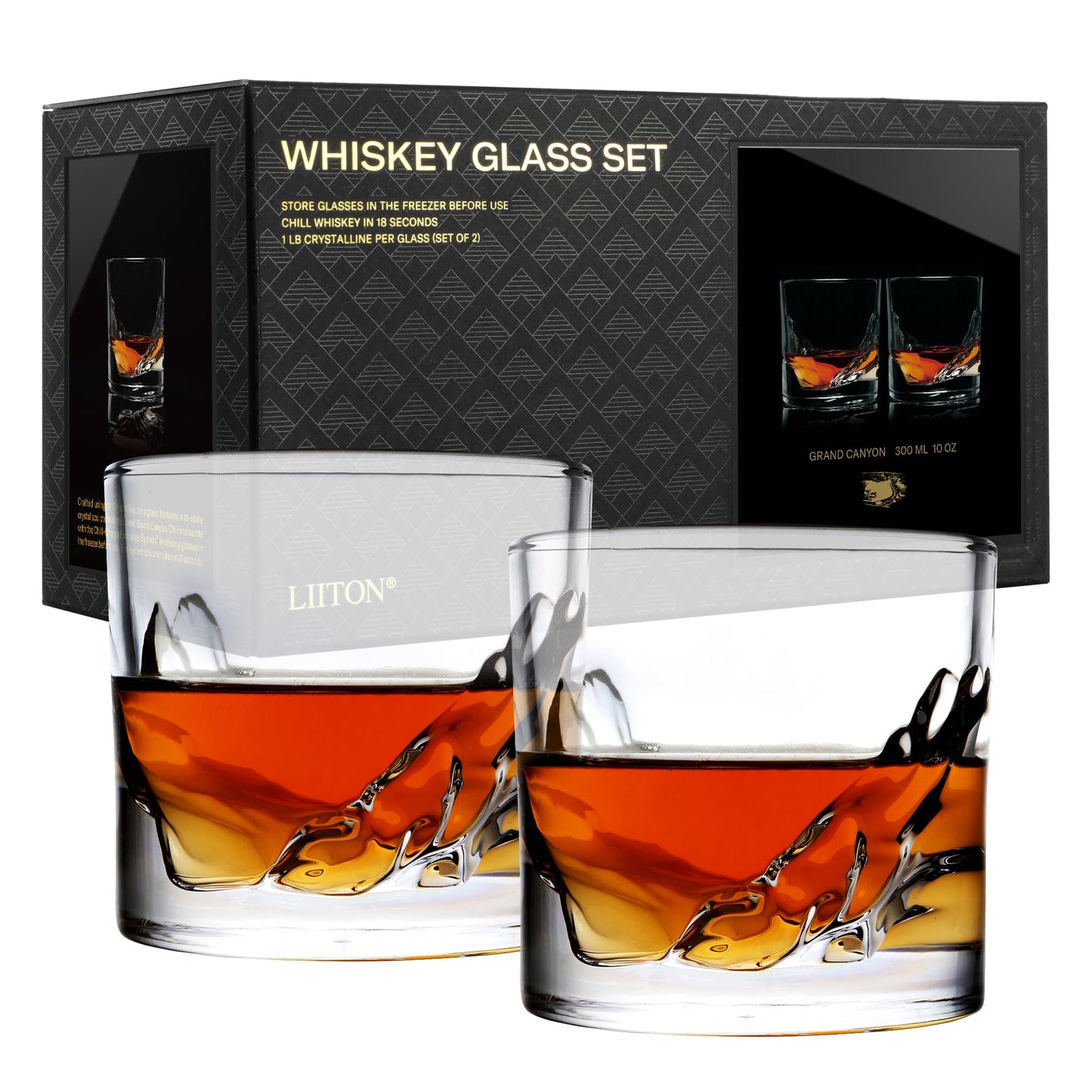 LIITON Grand Canyon Heavy Crystal Whiskey Glasses Gift Set of 2, Thick Freezable Bourbon Glass 1lb Each, Premium Whiskey Gifts for Men, Frozen Crystal Chills Cocktails, 10 oz
