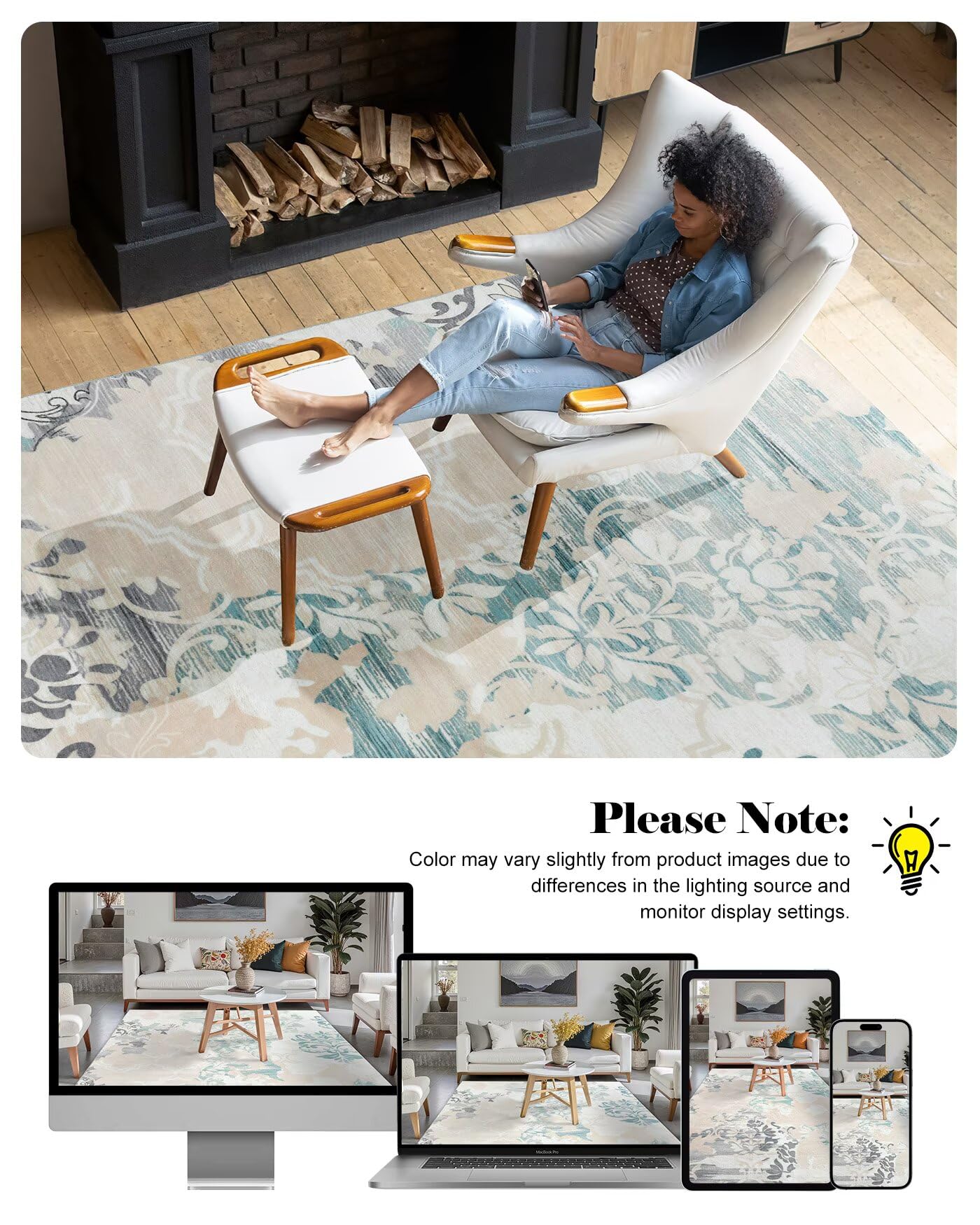 Macgace Washable Abstract Rug, 5x7 Ivory and Aqua Floral Area Rugs with Non-Slip Rubber Backed for Bedroom, Low Pile Modern Throw Carpet Kitchen Living Room Decor