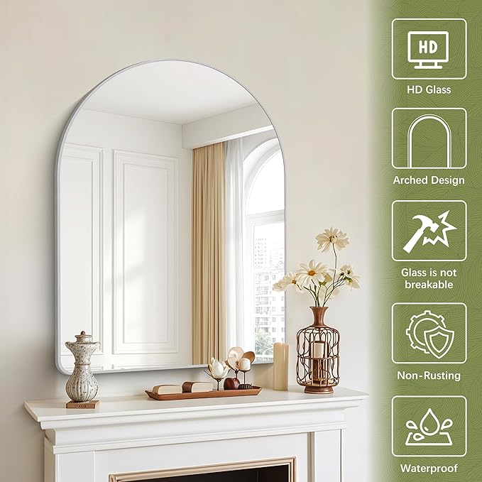 Arched Bathroom Mirror, 30"x40" Silver Arched Mirror, Wall Mounted Mirror, Silver Vanity Wall Mirror w/Metal Frame for Bedroom, Entryway, Living Room, Vertically Hanging or Leaning Against