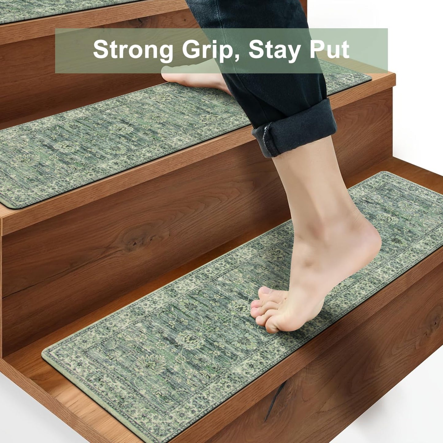 OJIA Extra Non-Slip Stair Treads for Wooden Steps, 30"X8" Indoor Stair Runners Slip Resistant Stair Rugs Safety Mats for Dogs, Kids & Elders, Rubber Backed Stair Treads Stair Covers, 15PC, Green