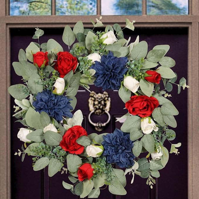 22IN Spring Summer Wreath Patriotic Wreath with Dahlia, Peony, Eucalyptus Leaves. Ivy for Front Door Wall Decor Indoor Outdoor