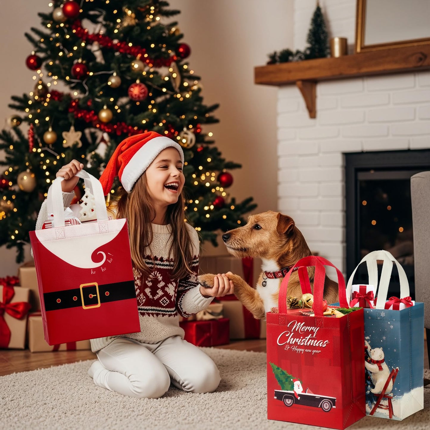 STYPOP 24 Pack 10" Christmas Gift Bags Medium Size with Tissue Paper, Reusable Non-Woven Christmas Tote Bags with Handles, Perfect for Xmas Gift Wrap/Party Favor Supplies, 10" × 8" × 4"