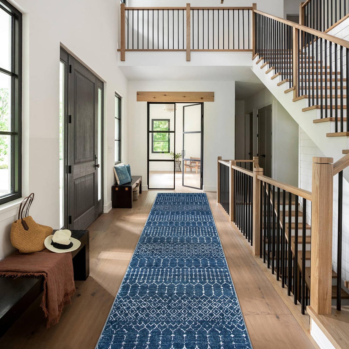 Lahome Moroccan Washable Kitchen Runner 2x8 Carpet Runners for Hallway 8Ft Low-Profile Non-Slip, Indoor Geometric Print Distressed Rug for Entryway Laundry Room Foyer Hana, Blue