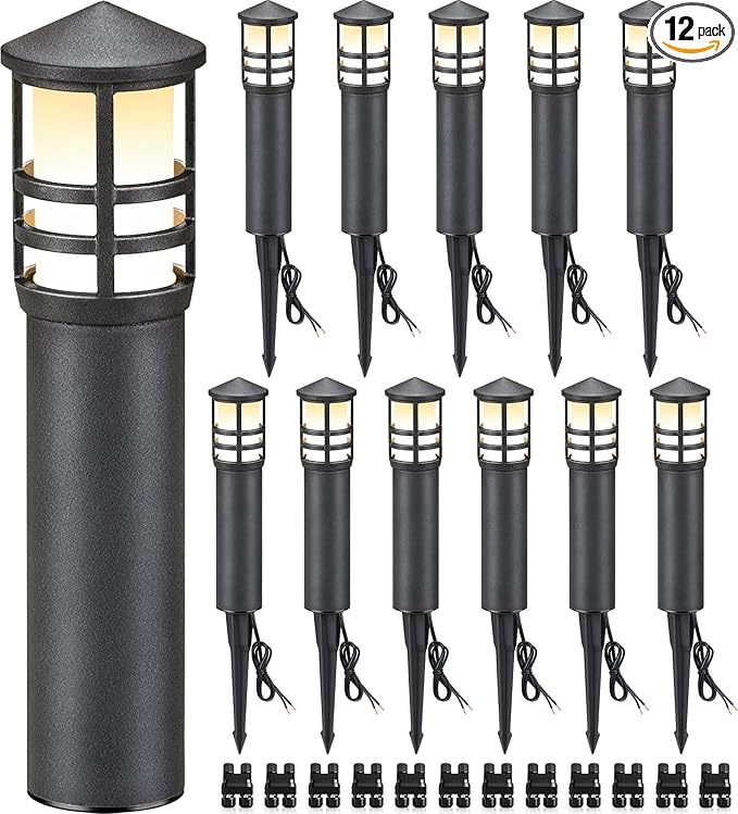 SUNVIE 12-Pack Low Voltage Landscape Pathway Lights 3W Outdoor Landscape Lighting 3000K 12-24V LED Bollard Path Lights Wired CRI 90+ Aluminum Pathway Lighting for Walkway Yard Garden, ETL Listed Cord