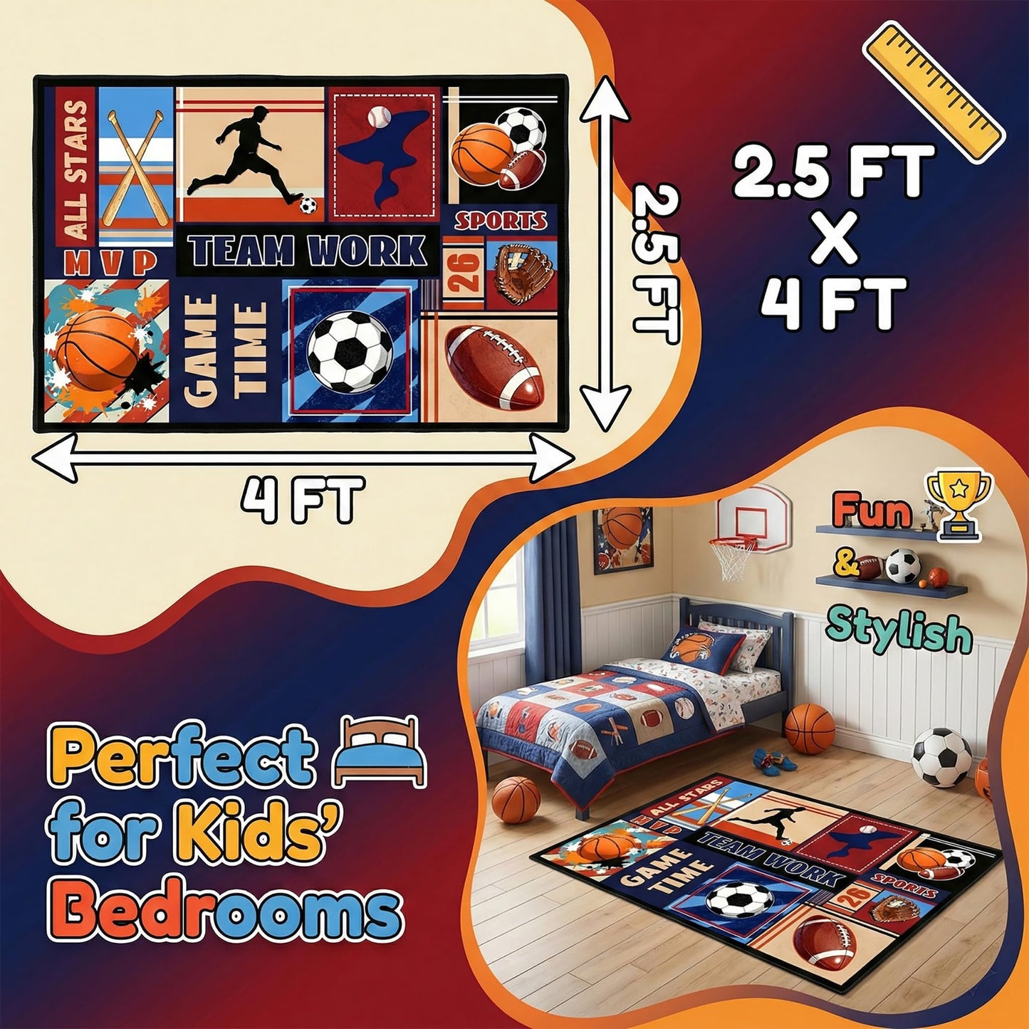 BATATADOCE Sports Rug - 2.5x4 Feet Small Area Rug Basketball Football Soccer Baseball Kids Play Carpet for Boys Bedroom Game Room Living Playroom Decor