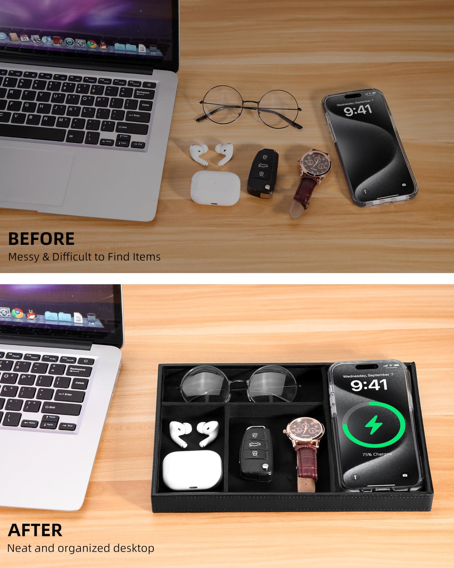 Investme Valet Tray with Wireless Charger, Nightstand Organizer for Men, EDC Catchall Tray for Keys, Watch, Wallet, Jewellery, Premium Vegan Leather, Bedside Caddy, Stylish and Organized, PU Black