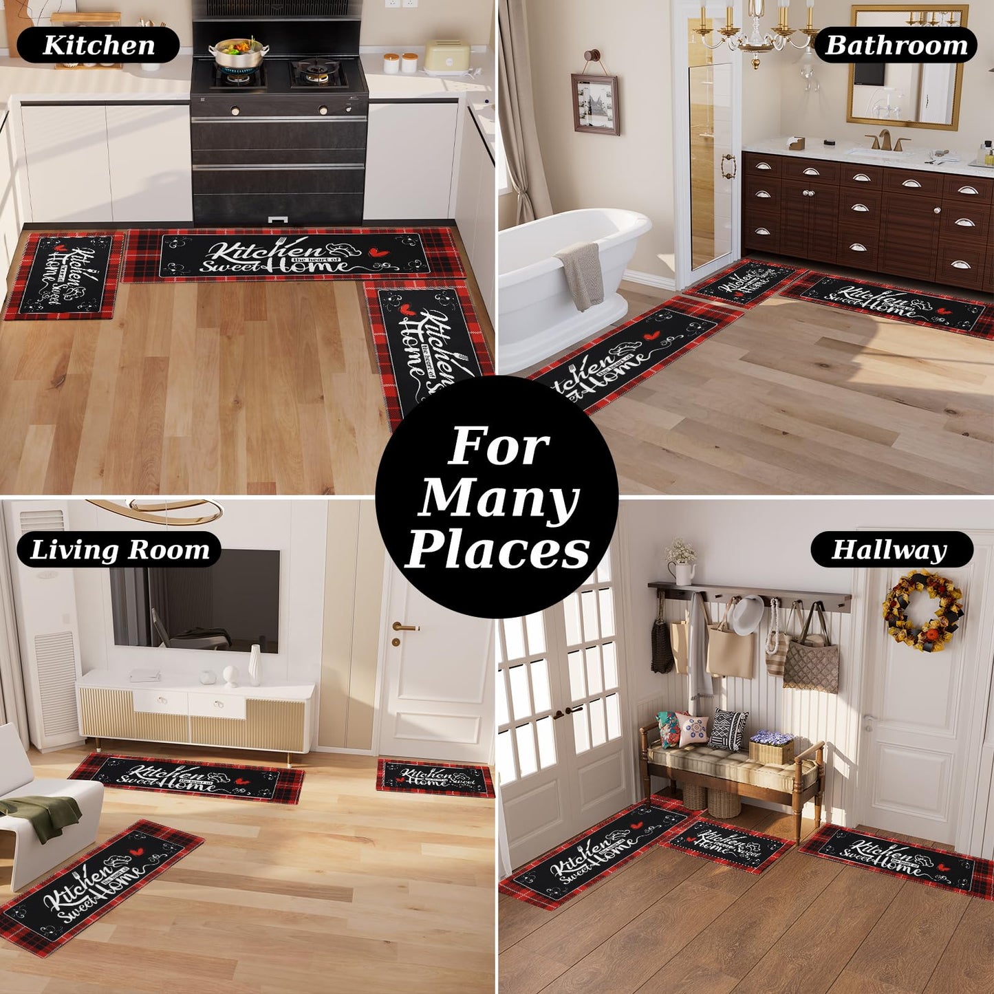 XLHOMO Kitchen Runner Rugs of 3, Red Non Slip Cushioned Kitchen Mat for Floor Waterproof Comfort Mats Farmhouse Chef Mats Floor Carpet