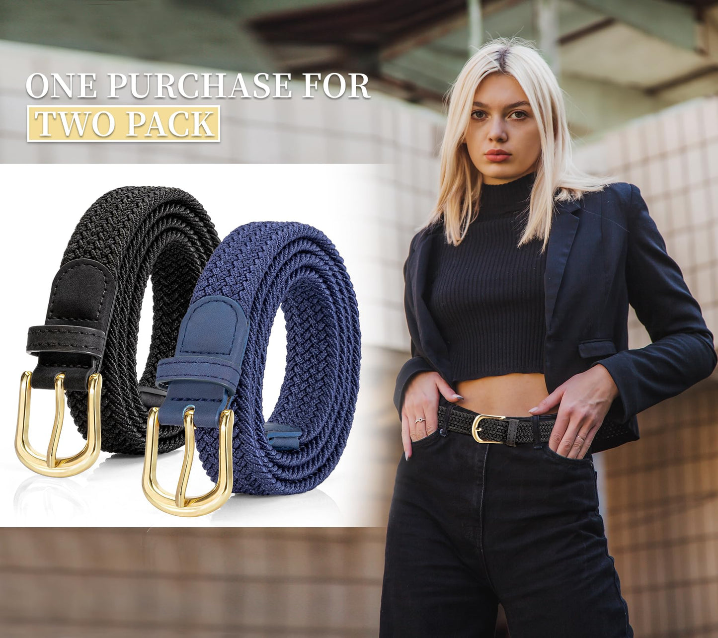 Alphyly Neries Thin Woven Braided Belt for Women, Elastic Golf Belt, Black and Blue, Fits Waist Size 28-36"