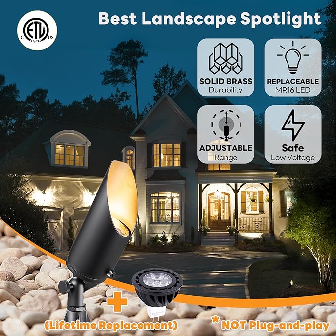 Gardenreet Brass Landscape Lighting - Black Low Voltage Outdoor Spotlights, Wired LED Uplights 12V, Waterproof Spot Lights for Outside Trees with 5W 5000K Daylight MR16 Bulb (4 Pack)