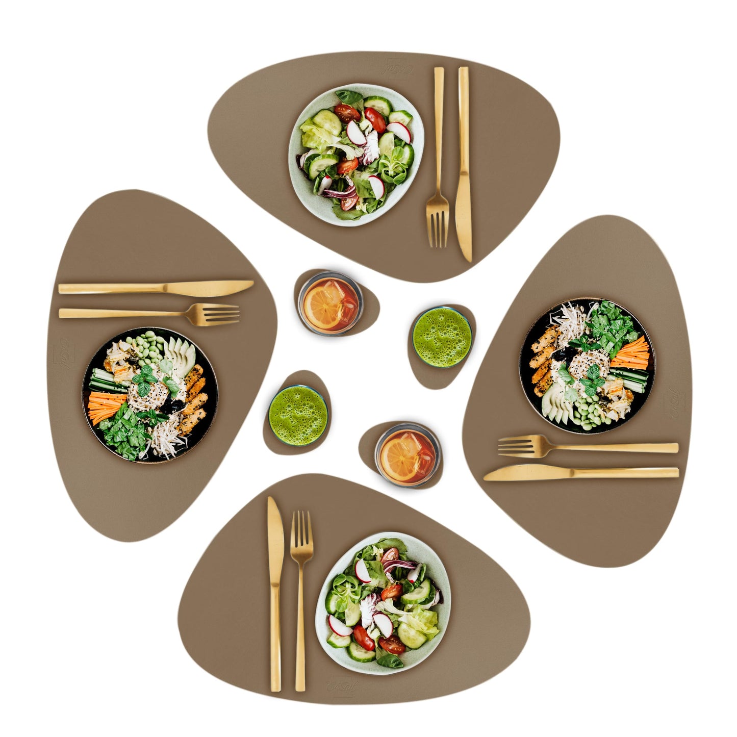 CaSail Faux Leather Placemats and Coasters - Set of 4 Round Modern Havana Table Mats for Dining - Heat Resistant, Waterproof & Non Slip Place mat for Indoor & Outdoor - Wipeable for Easy Care