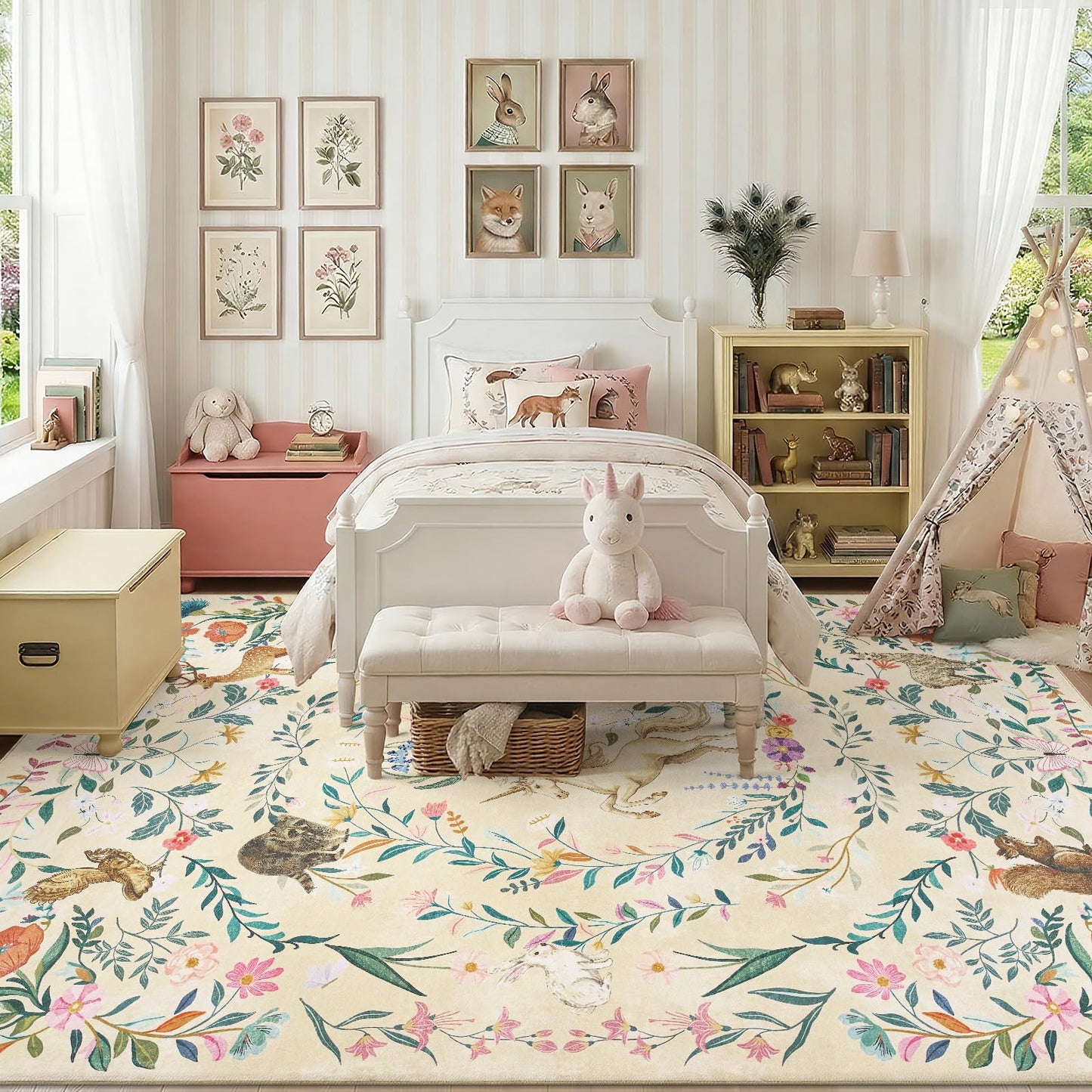 jinchan Moonrise Area Rug 8x10 Kids Room Rug Washable Unicorn Rug Soft Non-Slip Low Pile Fairytale Woodland Animals Floral Carpet for Classroom Nursery Playroom Bedroom Living Room Daylight Cream