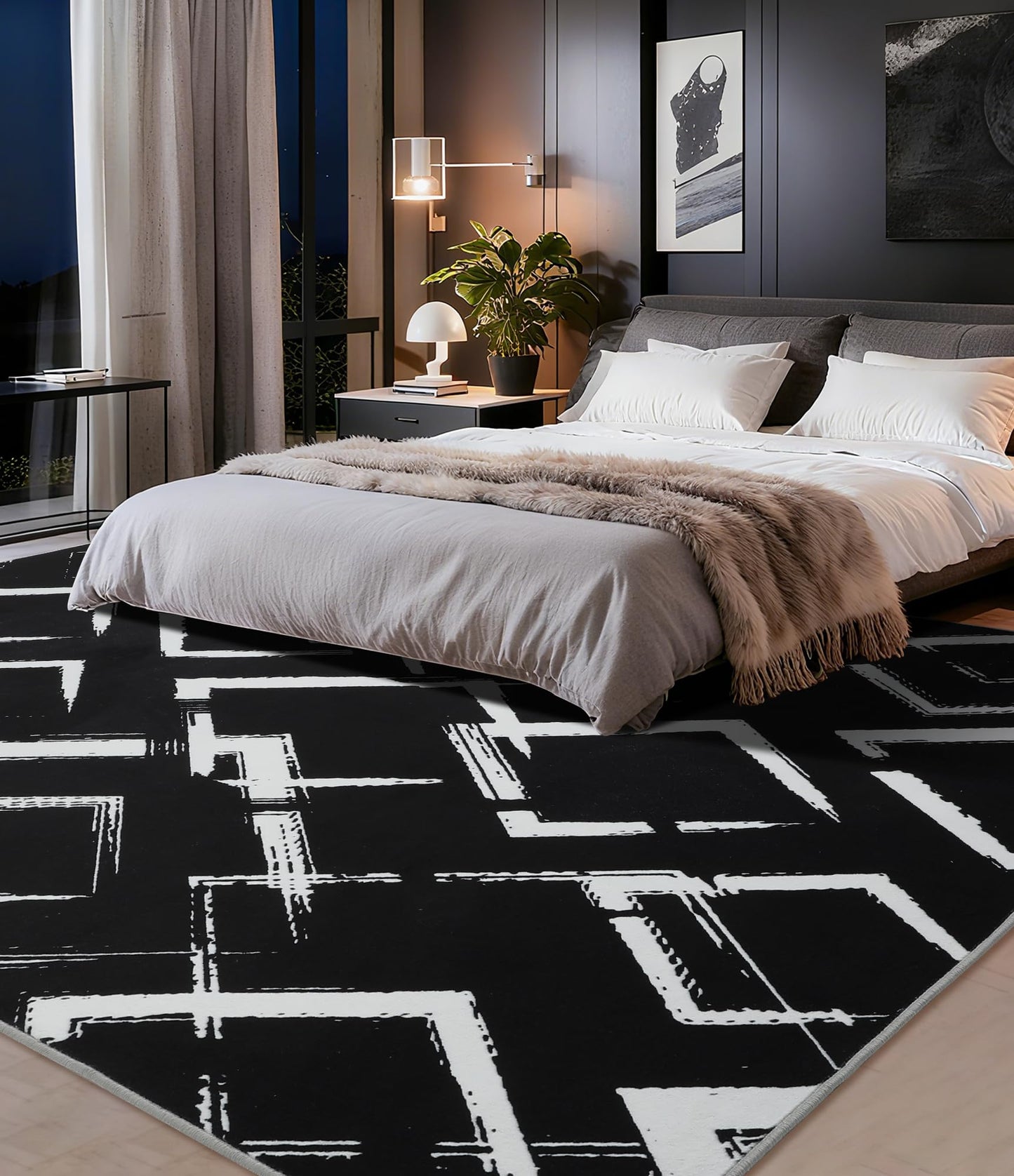 YIHOUSE Black Modern Geometric Area Rug 5x7, Black and White Rug with Abstract Diamond Patterns,Non-Shedding Washable Rugs for Bedroom, Home Office and Small Living Room