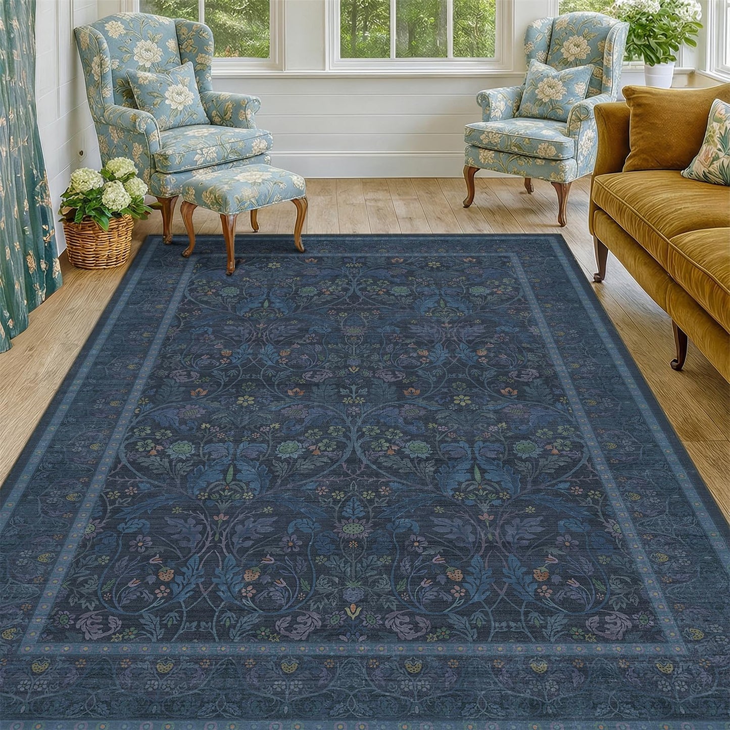 Washable Dark Blue 5x7 Living Room Area Rug - Small Dining Room Rugs for Under Table, Non Skid & Low Pile Bedroom Carpet, Thin Nature Botanical Pattern Mats (Navy Blue)