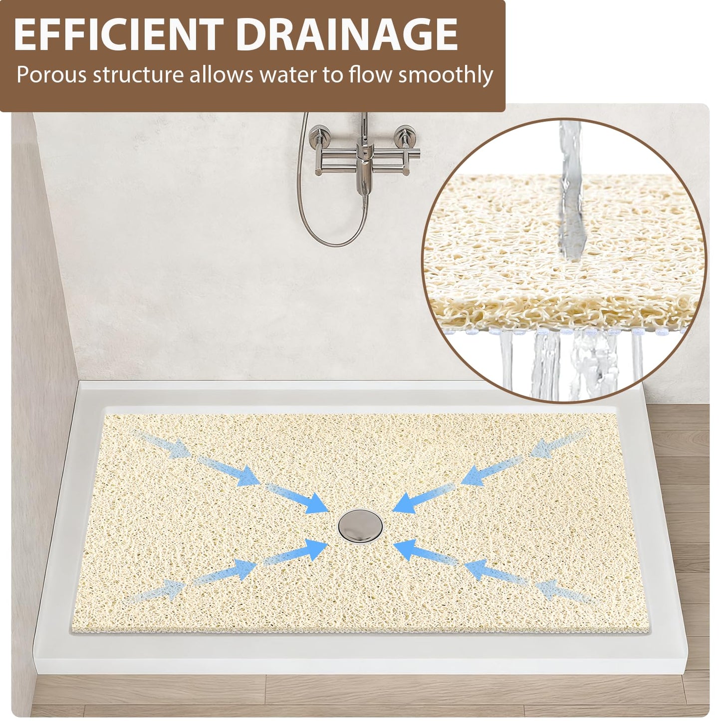 Extra Large Non Slip Shower Mat: 47.2x31.5 inch Loofah Shower Mat for Inside Shower with Drain Hole in Middle, Soft PVC Anti-Slip Shower Stall Mats for Bathroom,Wet Area, Quick Drying