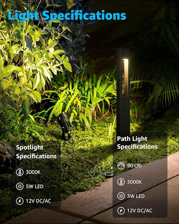 SUNVIE 12-Pack Low Voltage Pathway Lights Wired with Spotlights LED Outdoor Landscape Lighting Kit for Path, Garden, Yard, Patio, Cast-Aluminum, IP65 Waterproof, 12-24V AC/DC, 3000K Warm White, Black