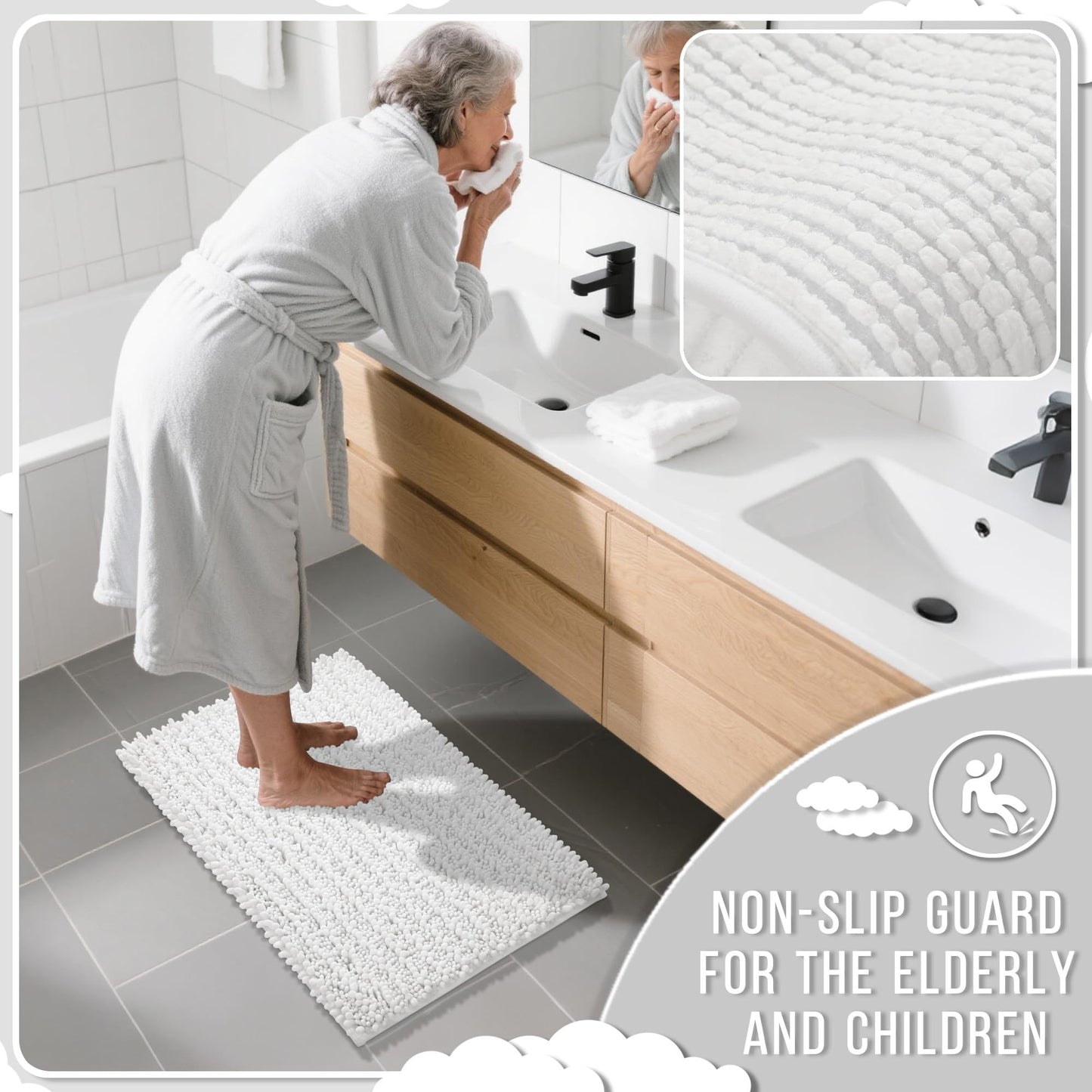 Yimobra Bathroom Rugs Sets 2 Piece - Quick Dry Extra Thick Luxury Chenille Bath Mat, Non Slip Super Absorbent for Tub Shower Sink, Machine Washable Shaggy Floor Mat, 32"x20"+24"x20" Inch, White
