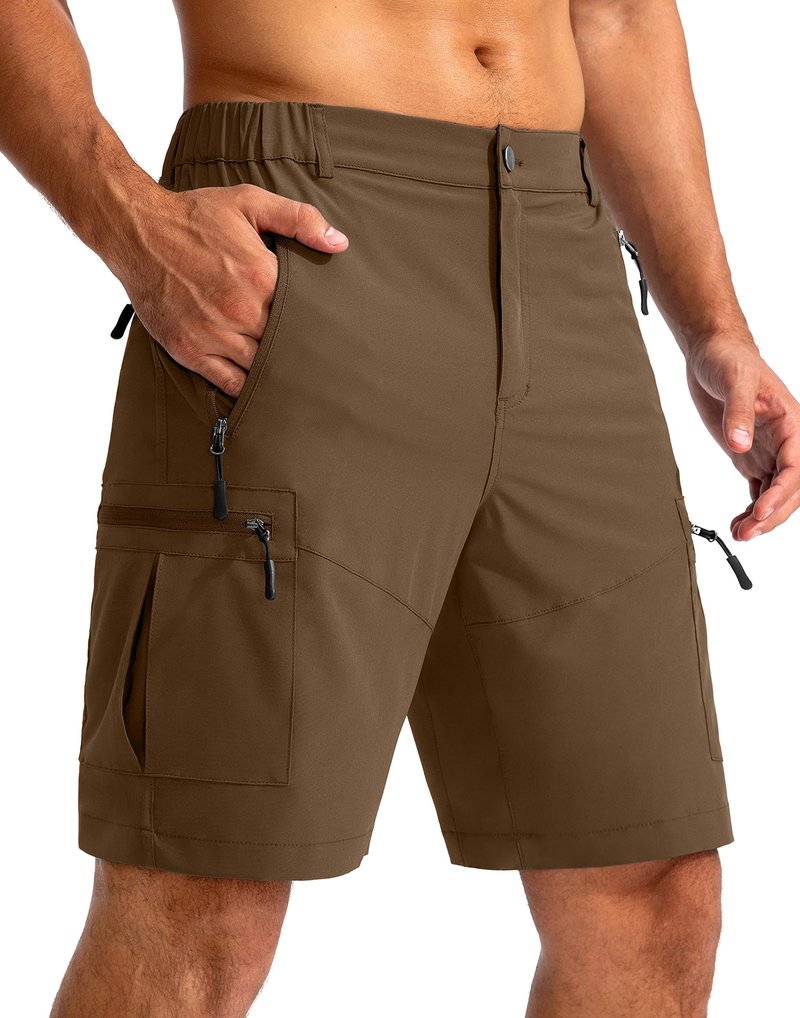 Pudolla Men's Hiking Cargo Shorts 9" Lightweight Outdoor Work Shorts for Men Travel Golf Camping Casual with 5 Zipper Pockets(Brown X-Large)