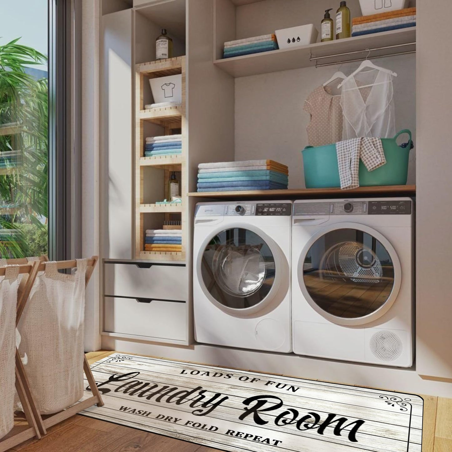 Laundry Room Rug Non Slip Floor mats Farmhouse Large Laundry Rugs for Laundry Room Mat Washer and Dryer Carpet Laundry Runner Room Decor 20x47inch(White)
