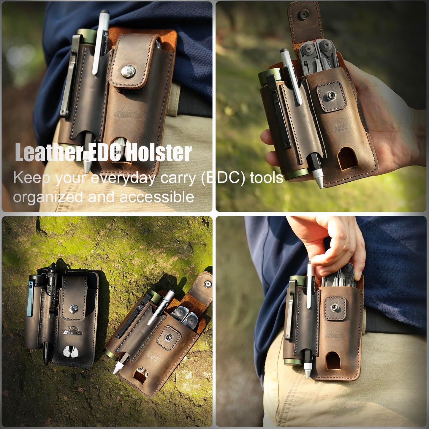 Topstache Leather Multitool Sheath - Multi Tool Holster with Belt Clip - EDC Belt Organizer Fits Multitool, Flashlight, Pen - Leather EDC Pouch Belt Holder Case with Closure Flap, Darkbrown