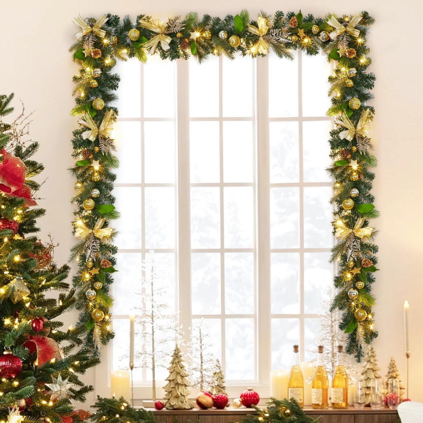LinTimes 6 FT Pre-Lit Christmas Garland, Gold Lighted Xmas Garland with 20 LED Lights with Timer for Mantle Staircase Table, Winter Garland with Ribbon, Xmas Ball, Pine Cones, Star, Battery Operated