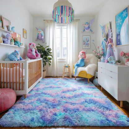 Amdrebio Purple Rainbow Rugs for Bedroom Girls Room Decor, Soft Fluffy Cute Area Rug 4x6 for Kids Room Playroom Nursery Dorm, Mermaid Stitch Frozen Fuzzy Carpet, Plush Kawaii Furry Baby Toddler Rug