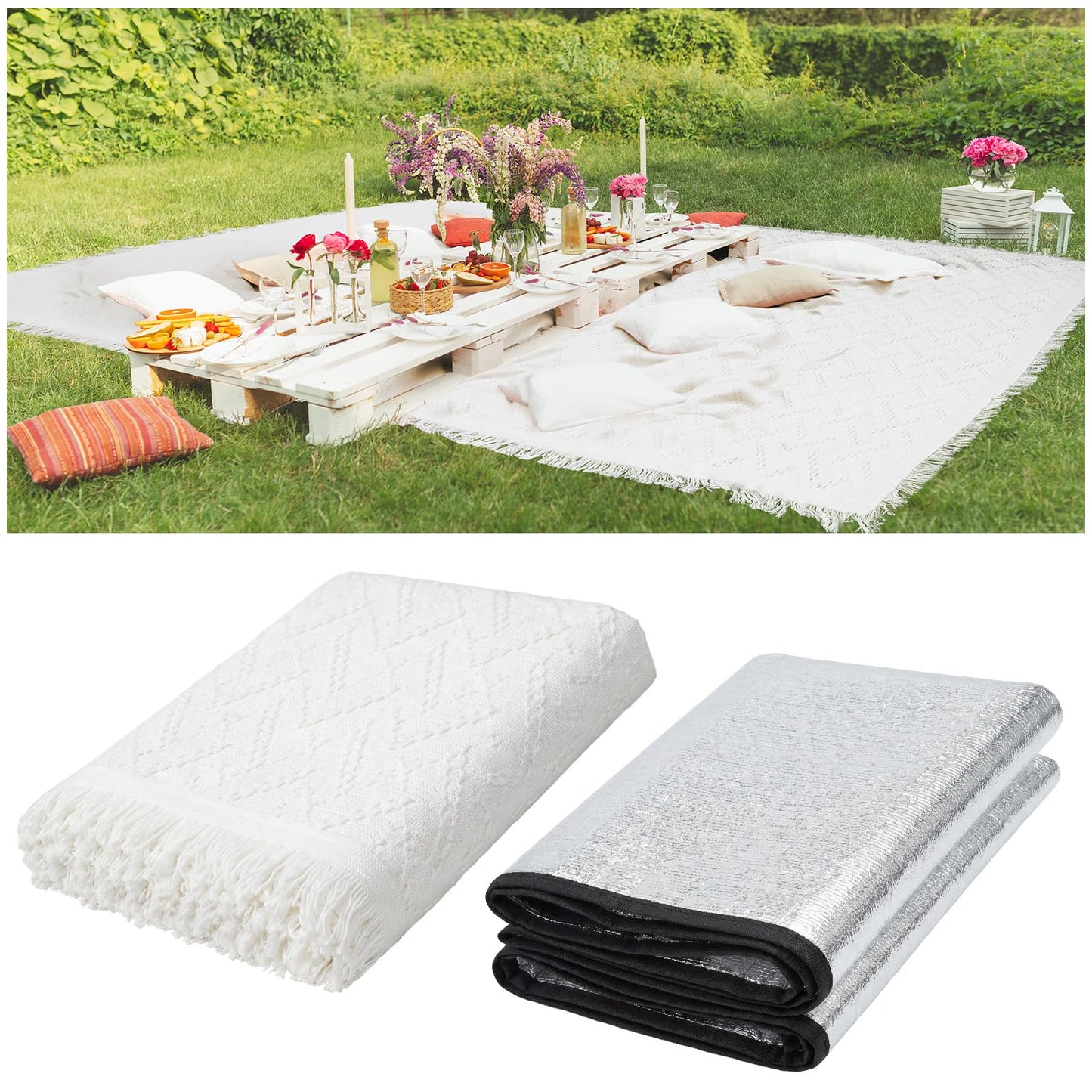 Hahafelt 91x 71 in Extra Large Outdoor Picnic Blanket with Waterproof Mat Oversize Beach Woven Cotton Yarn Blanket with Fringe Machine Sandproof for Spring Summer Camping Beach Park(Boho,White)