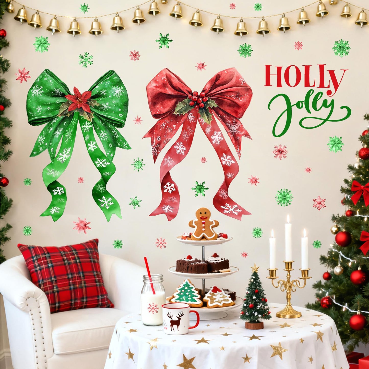 Large Christmas Wall Stickers Green Red Bow Decoration Decals Peel and Stick Xmas Bow Stickers Home Indoor Decor for Living Room O Holy Snowflakes Vinyl Art Murals for New Year Holiday Party Supplies
