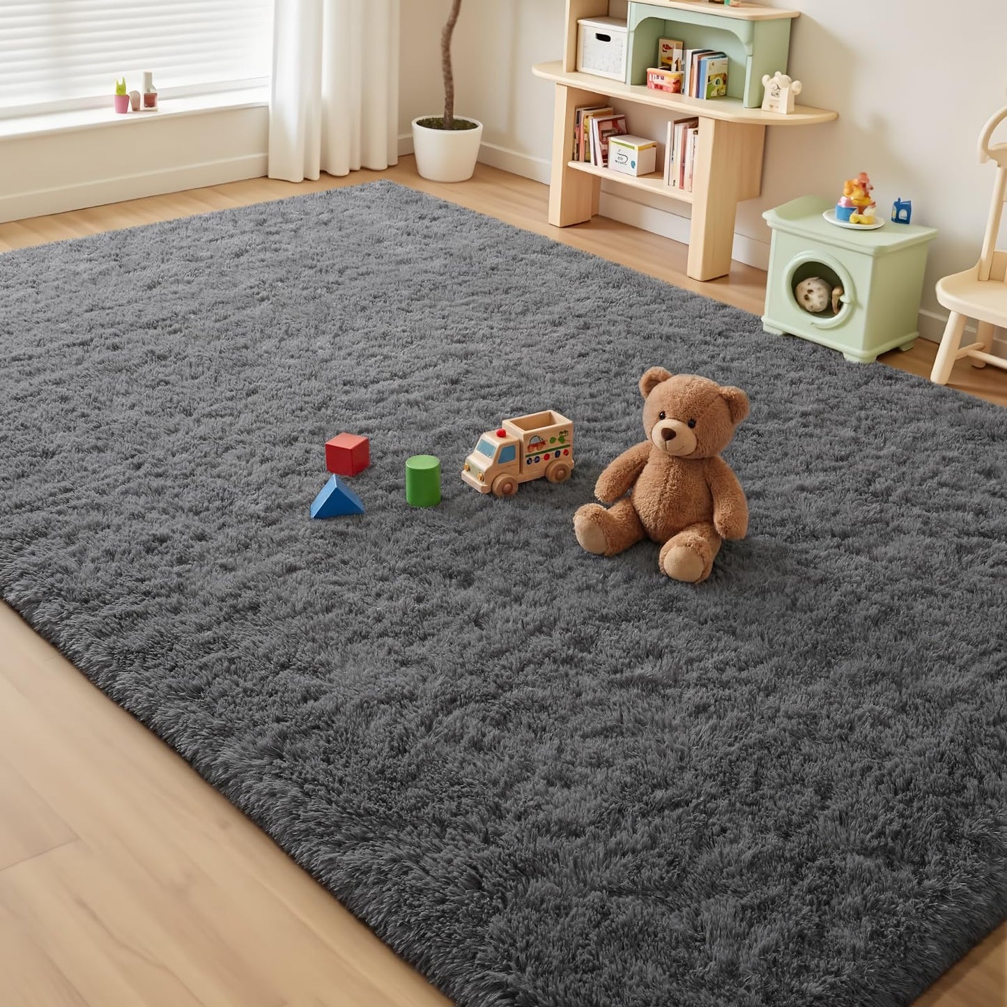 Modern Soft Fluffy Small Shaggy Rug for Bedroom Livingroom Dorm Kids Room Indoor Home Decorative, Non-Slip Plush Furry Fur Area Rugs Comfy Nursery Accent Floor Carpet 5X7 Feet, Smoke Gray