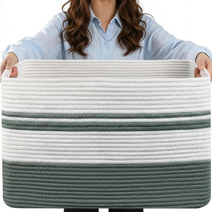 HOBASKET 75L Large Blanket Basket, 22"x17"x12"Rectangle Cotton Rope Woven Storage Basket with Handles, Laundry Hamper for Living Room, Nursery, Bedroom - Chemical-Free, Kid & Pet Safe - Sage Green