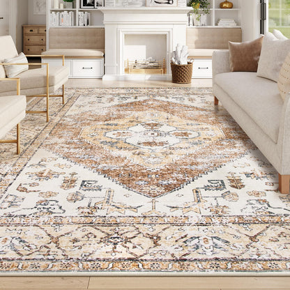 Lahome Rug for Living Room Machine Washable Area Rug 6x9 Boho Non Slip Bedroom Carpet Throw Ultra Thin Carpet for Dining Room, Farmhouse Neutral Print Soft Indoor Mat for Office Adelyn (Taupe, 6'x9')