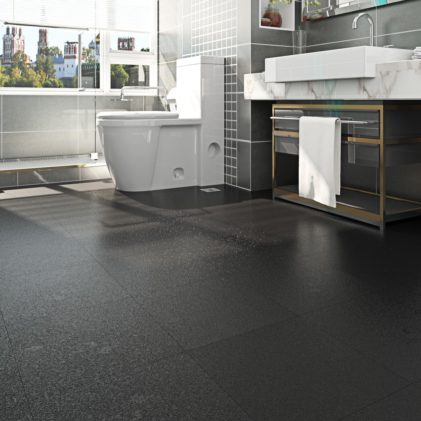 Livelynine Matte Black Peel and Stick Floor Tile Bathroom Floor Tiles Waterproof Stick on Tiles for Kitchen Basement Vinyl Flooring Sticky Laminate Flooring Stickers Garage Non Slip 4-Sheet 12x12