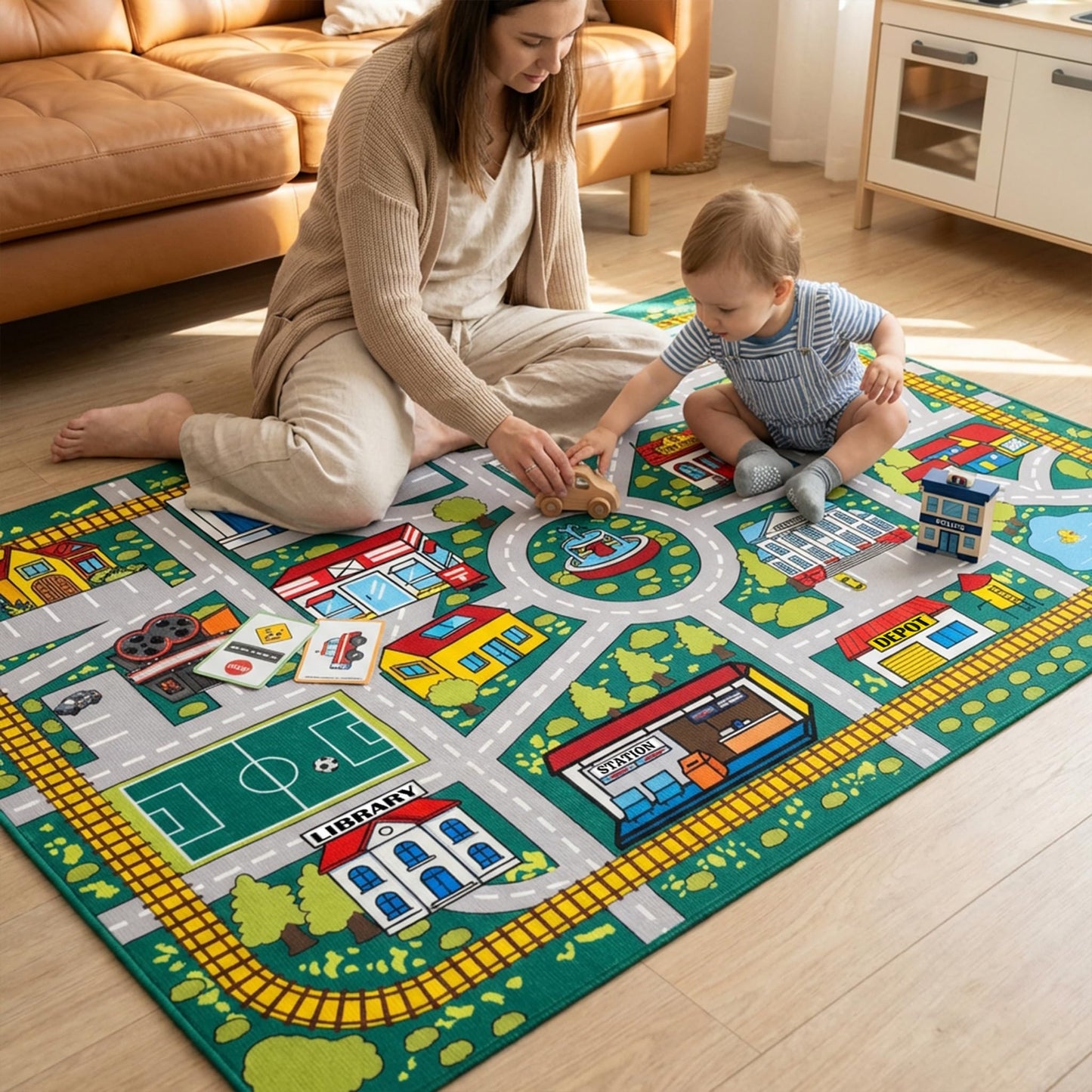 Plyra Kids Car Road Rug (3x5 Ft), Non-Slip City Traffic Play Mat for Toy Cars, Train Track Carpet for Kids Room, Educational Town Map with Police Station, Hospital & Cinema
