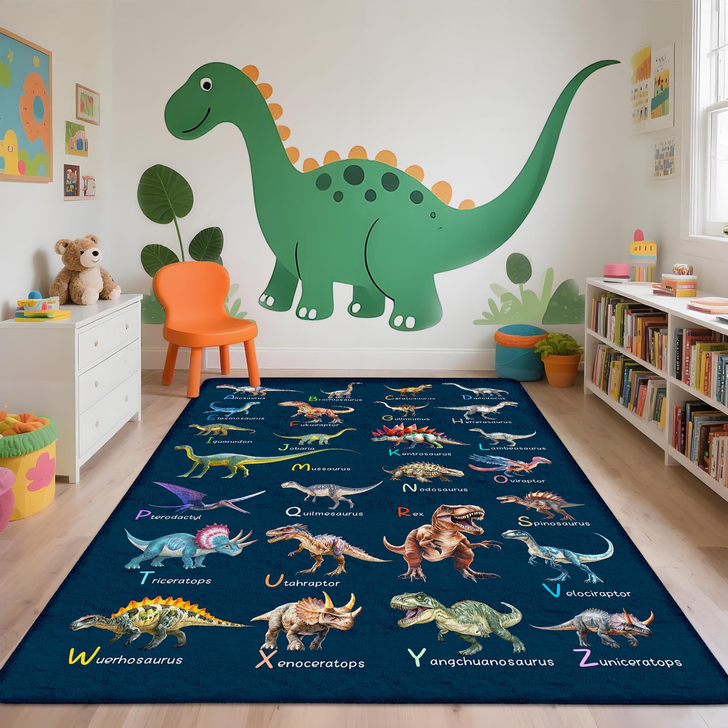 Kids Rugs for Playroom，5x7 Feet Educational Rugs for Learn The ABC Alphabet, Dinosaur Rugs for Boys Bedroom, Soft Machine Washable Non-Slip Carpet for Kids Room, Nursery, Classroom