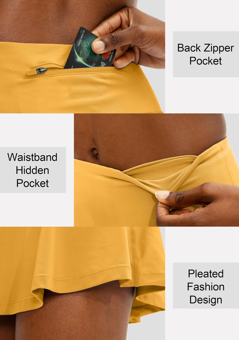 SANTINY Pleated Tennis Skirt for Women with 4 Pockets Women's High Waisted Athletic Golf Skorts Skirts for Running Casual (Yellow_M)