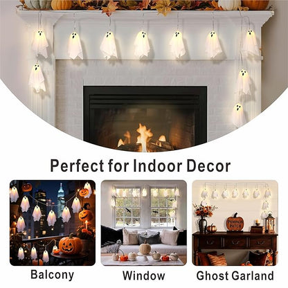 Halloween Decoration String Lights, Light up Ghost Garland, 7.5ft Battery Operated Ghost Lights with 10 LED for Mantle, Fireplace, Window, Porch, Party Indoor Outdoor Decor