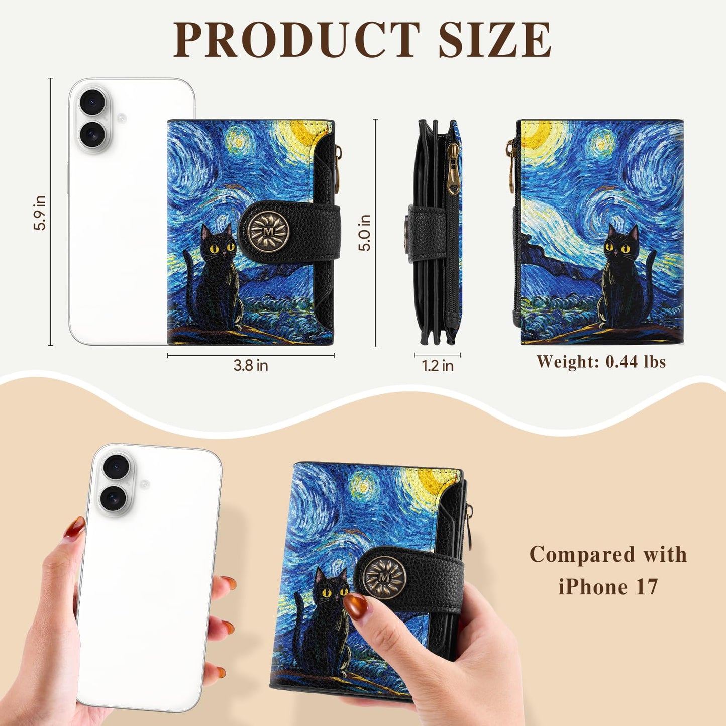 Mayski Starry Night Cat Small RFID Wallet Women, PU Leather Bifold Zipper Coin Pocket Compact Cash Credit Card Holder Purse, Cute Travel Wallet for Female Ladies Teen Girls, 4 ID Window 14 Card Slots