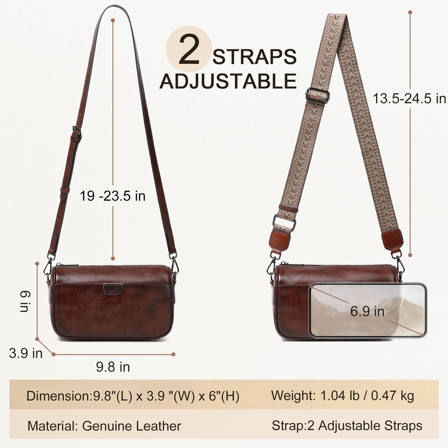 Genuine Leather Crossbody Purses Bag for Women,Travel Casual Handbag Bag, Small Shoulder Cross body Purse with Two Adjustable Straps (Coffee)